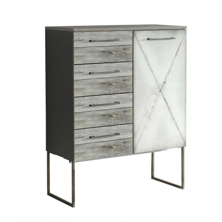 Commode industrielle 1 porte/4 tiroirs gris marbré Teddy