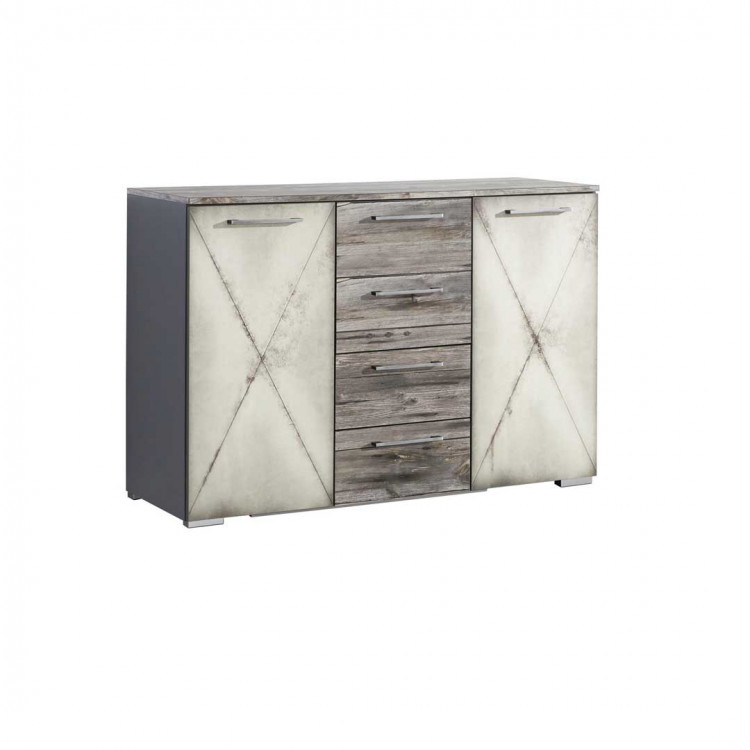 Commode industrielle 2 portes/4 tiroirs gris marbré Teddy