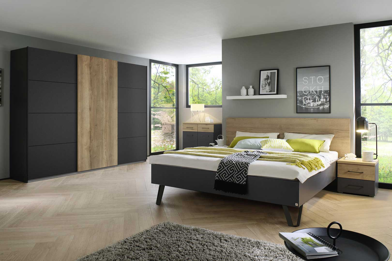 Chambre à coucher complète adulte (lit 180x200 cm king size + 2 chevets +  armoire + 2 tiroirs lit + commode) coloris chêne artisan/graphite -  Conforama