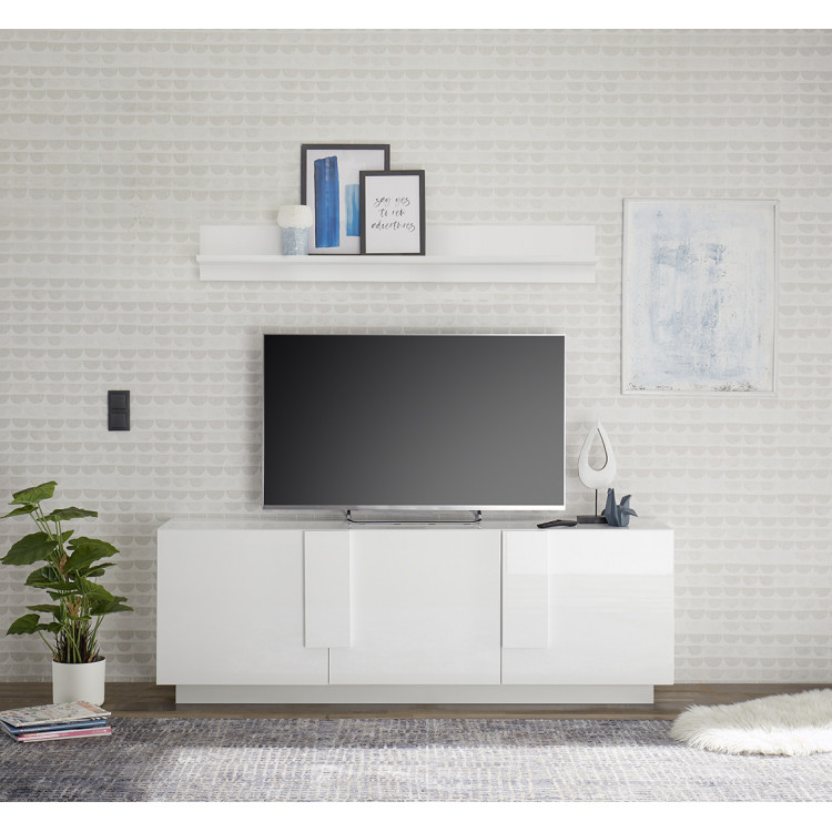 Meuble TV blanc brillant 120 cm meuble télévision 3 tiroir - Ciel