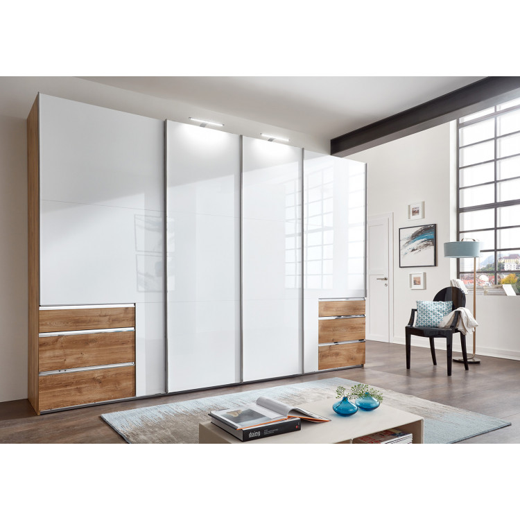 Armoire contemporaine portes synchronisées 350 cm blanc/chêne Johanesburg