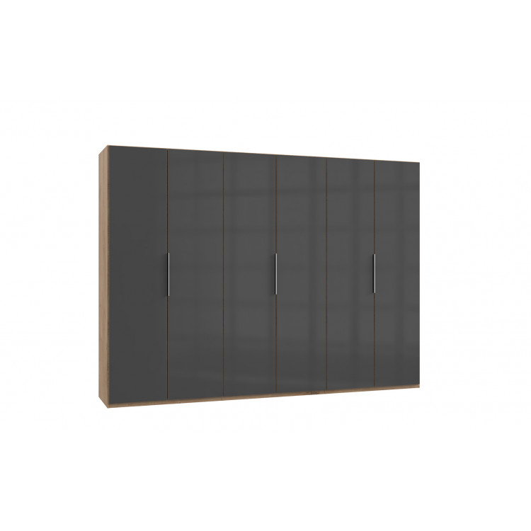 Armoire adulte contemporaine portes battantes 300 cm verre gris/chêne poutre Rotterdam