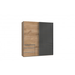 Armoire adulte contemporaine portes coulissantes 200 cm verre gris/chêne poutre Rotterdam I