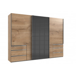 Armoire adulte contemporaine portes coulissantes 300 cm verre gris/chêne poutre Rotterdam I