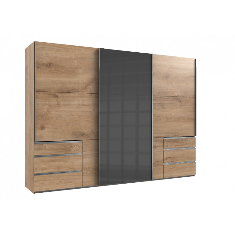 Armoire adulte contemporaine portes coulissantes 300 cm verre gris/chêne poutre Rotterdam I