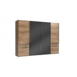 Armoire adulte contemporaine portes synchronisées 300 cm verre gris/chêne poutre Rotterdam I