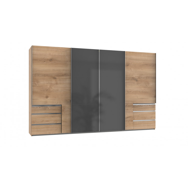 Armoire adulte contemporaine portes synchronisées 350 cm verre gris/chêne poutre Rotterdam I