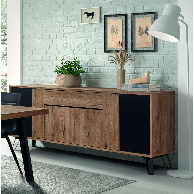 Buffet/bahut industriel 220 cm chêne/noir Nixon