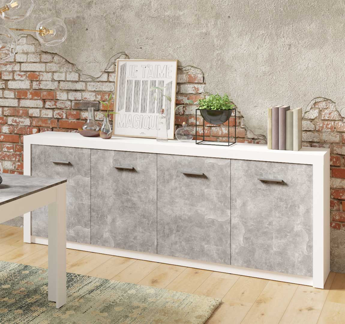 Buffet 4 Portes En Laqué Blanc Mat Et Béton - Design Industriel Moderne