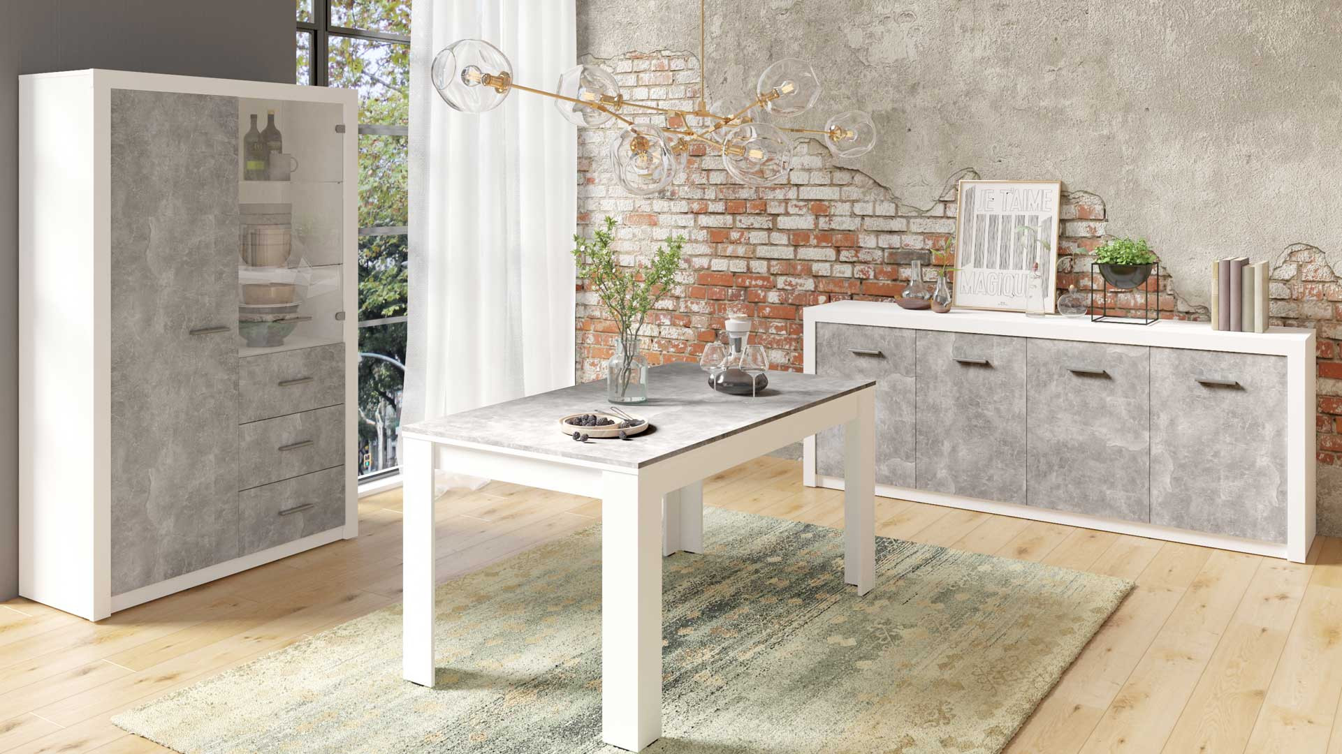Table de salle à manger contemporaine blanc mat/béton Alberto