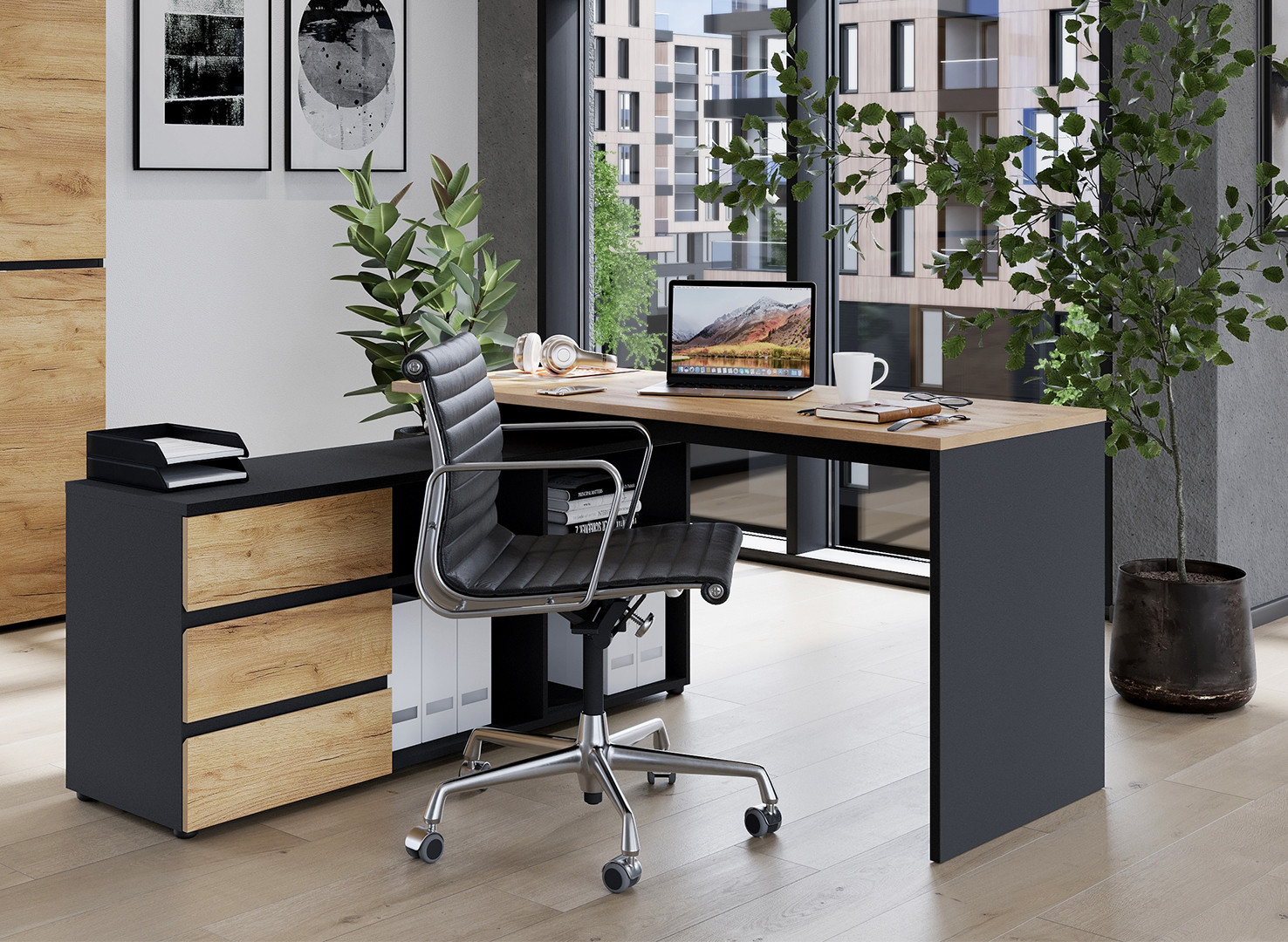 Bureau d'angle contemporain chêne/graphite Oleron