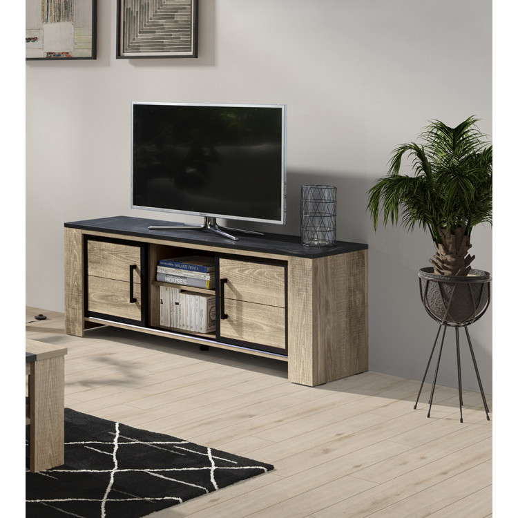 Meuble TV moderne chêne/marbré noir Casagrande