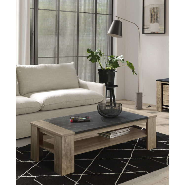 Table basse rectangulaire moderne chêne/marbré noir Casagrande