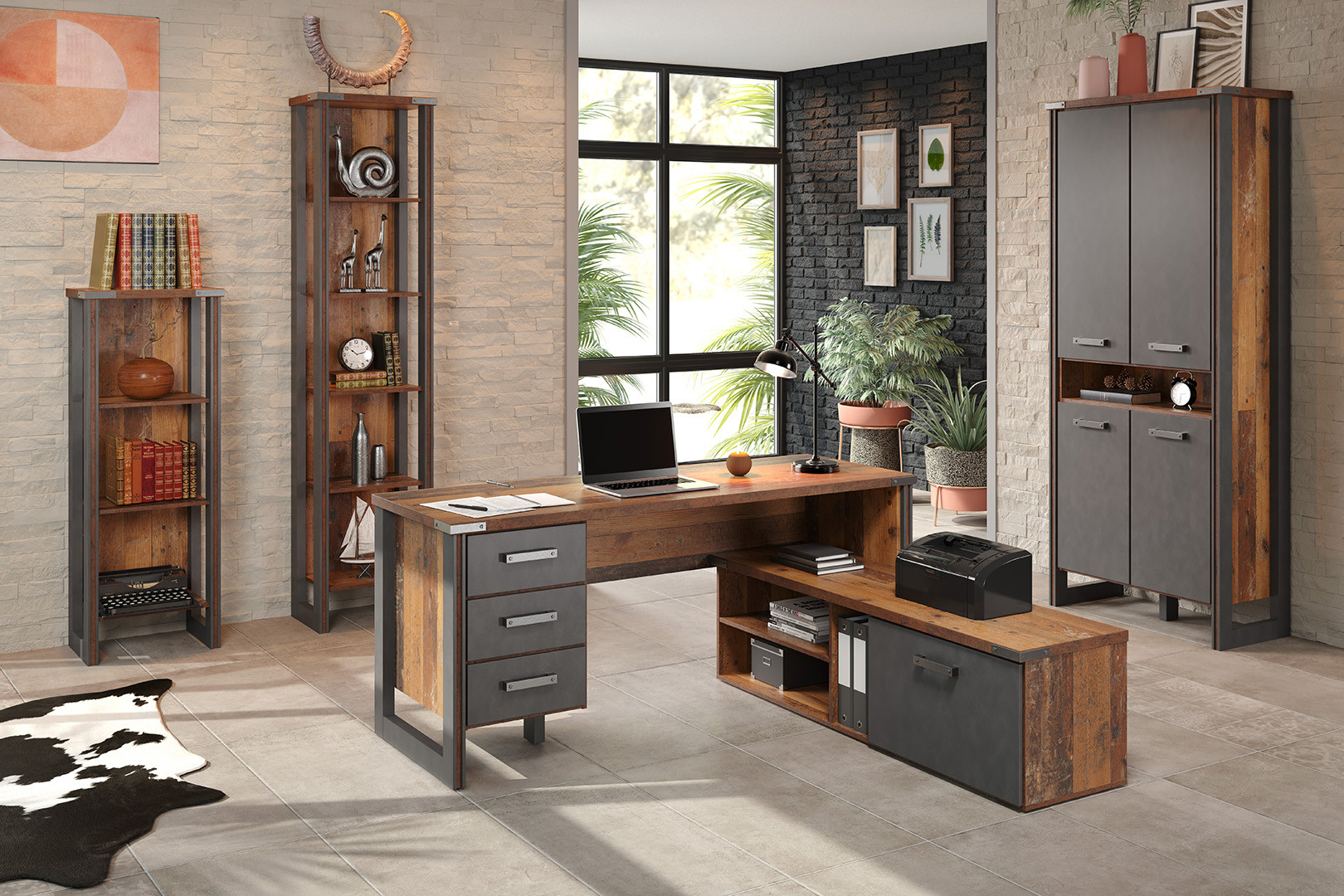 Armoire de bureau style industriel chêne vieilli Asmina