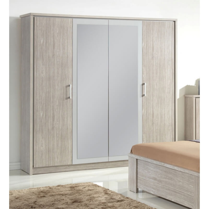 Armoire contemporaine 4 portes avec miroir chêne gris Kyliane Matelpro