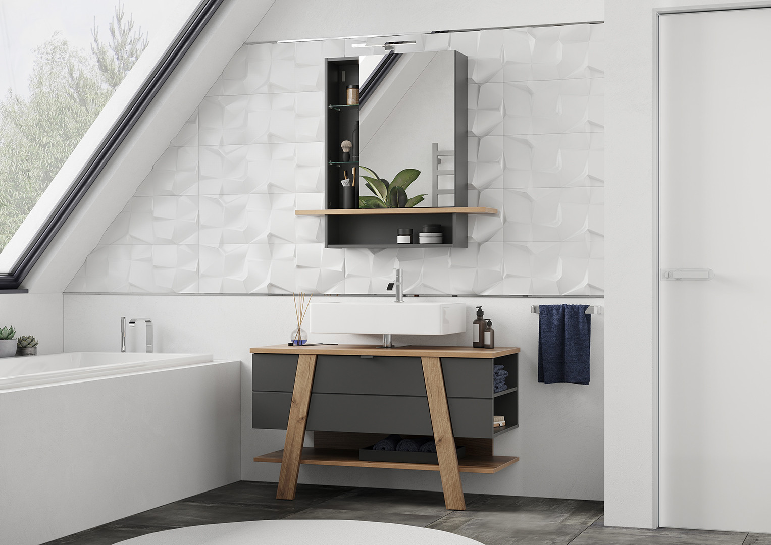 Ensemble de salle de bain moderne chêne/graphite Oceline