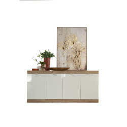 Buffet/bahut contemporain 180 cm 4 portes chêne/blanc laqué Virginia