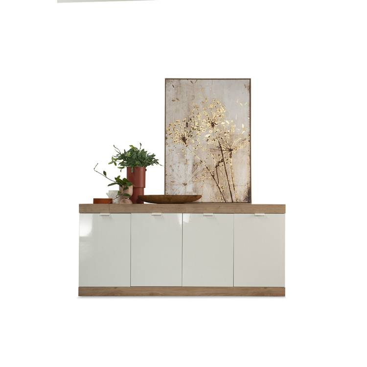 Buffet/bahut contemporain 180 cm 4 portes chêne/blanc laqué Virginia