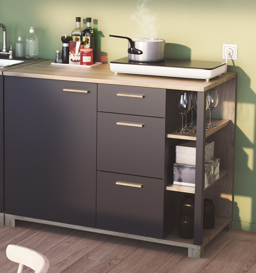 Meuble bas de cuisine moderne 120 cm chêne/noir Loft