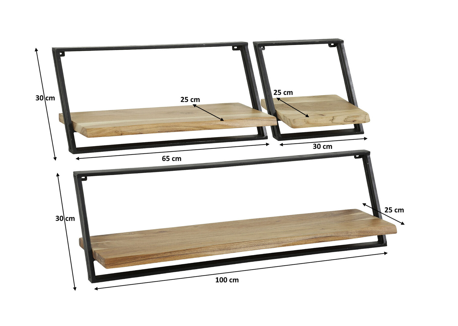 Etagère murale industrielle en acacia massif naturel (lot de 3) Jordania