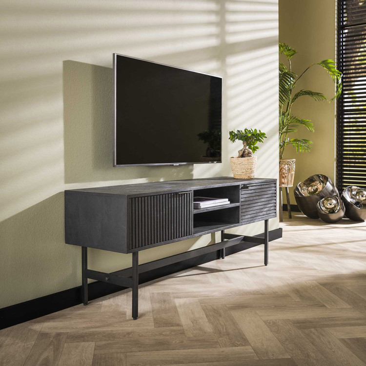 Meuble TV suspendu 150 cm style industriel en acacia massif naturel