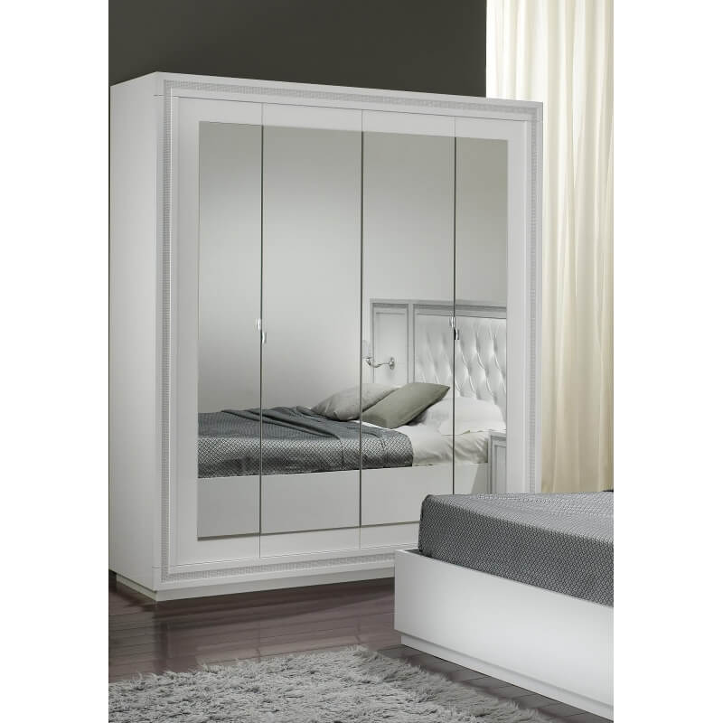 Armoire design 4 portes avec miroir laquée blanche Cristalline Matelpro