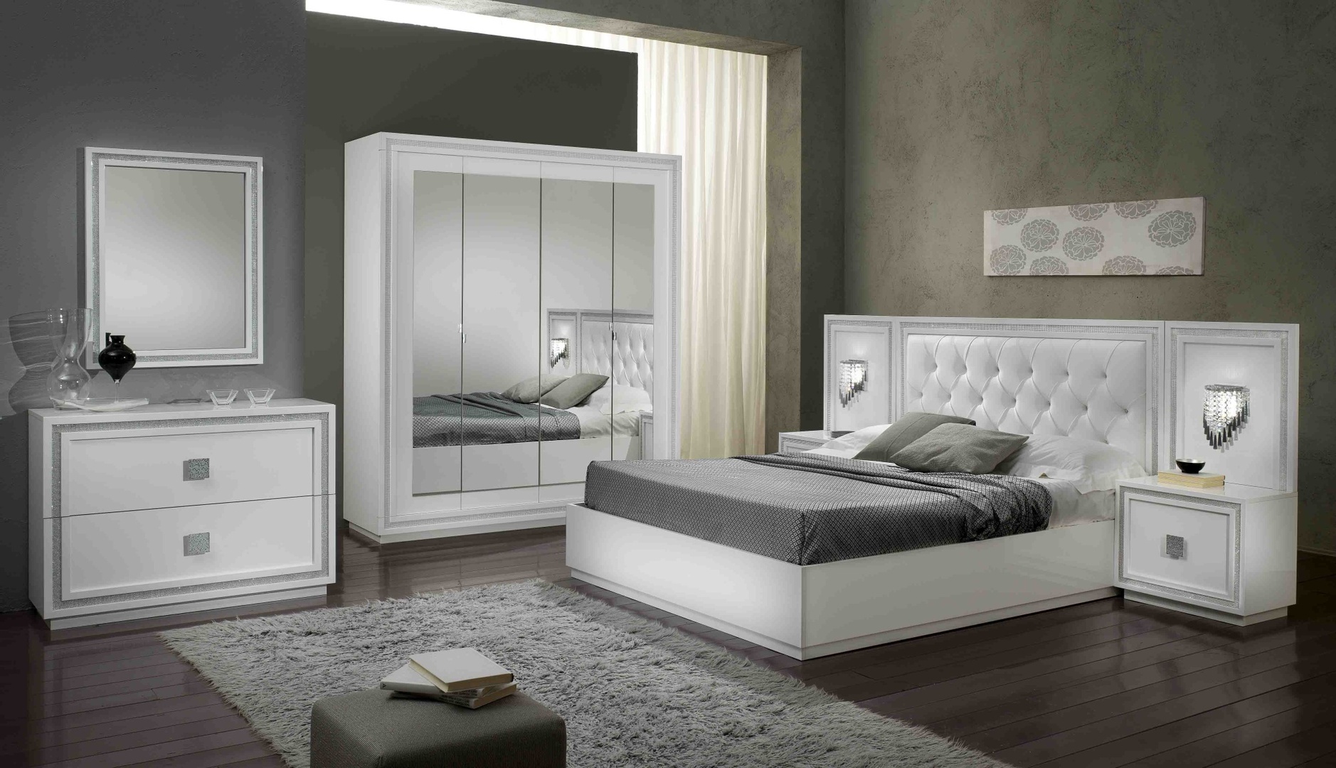 Lit adulte design blanc laqué Cristalline Matelpro