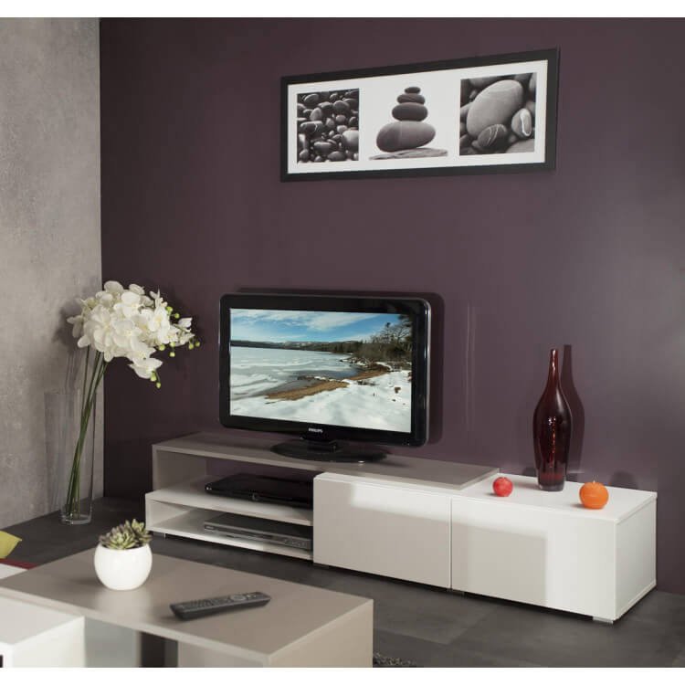 Meuble TV design taupe laqué blanc Declic