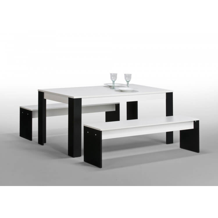 Ensemble table et bancs contemporain noir et blanc Kana