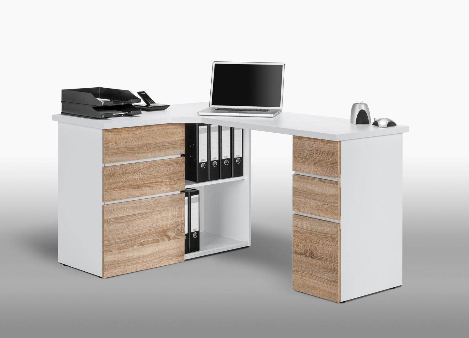 Bureau informatique d'angle contemporain avec rangement chêne sonoma-blanc  Nayade