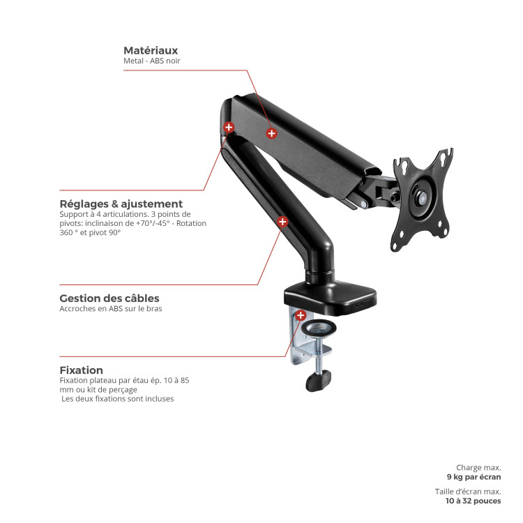 Support D'écran Réglable Pour Bureau - Bras Pliable, Base Pivotante - Pour Moniteurs Jusqu'à 27 Pouces - 11