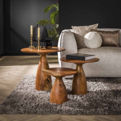 Lot de 3 tables rondes en acacia massif naturel Amazonie