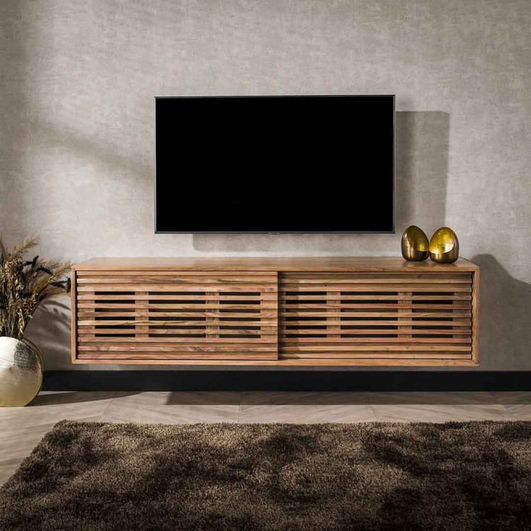 Meuble TV suspendu 150 cm style industriel en acacia massif naturel...