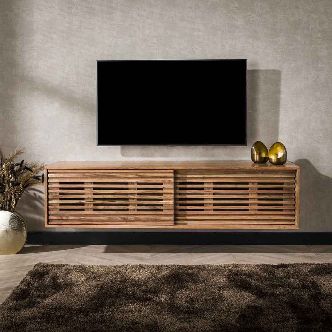 Meuble TV suspendu 150 cm style industriel en acacia massif naturel