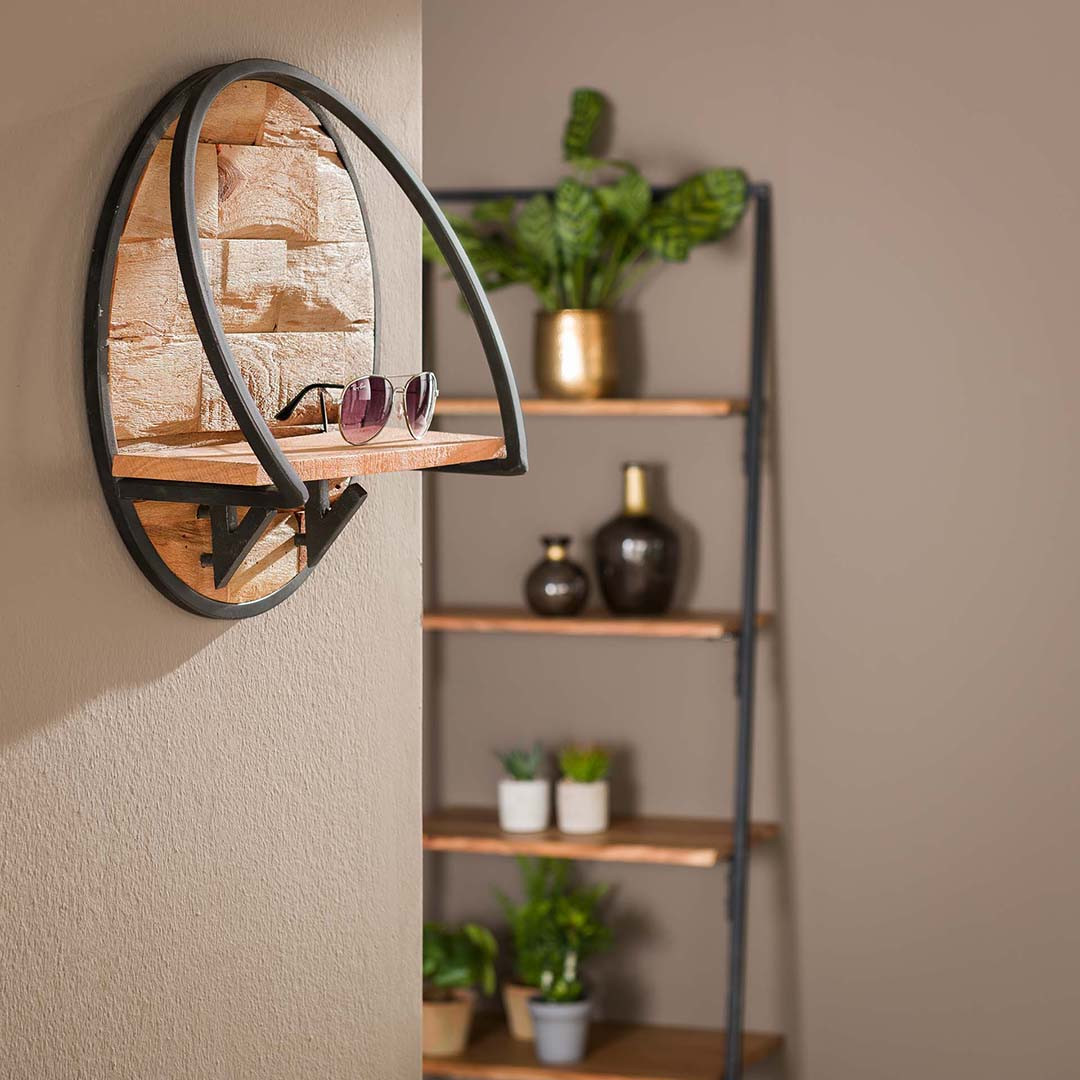 Etagère murale ronde industrielle Ø 40 cm en acacia massif naturel Otello