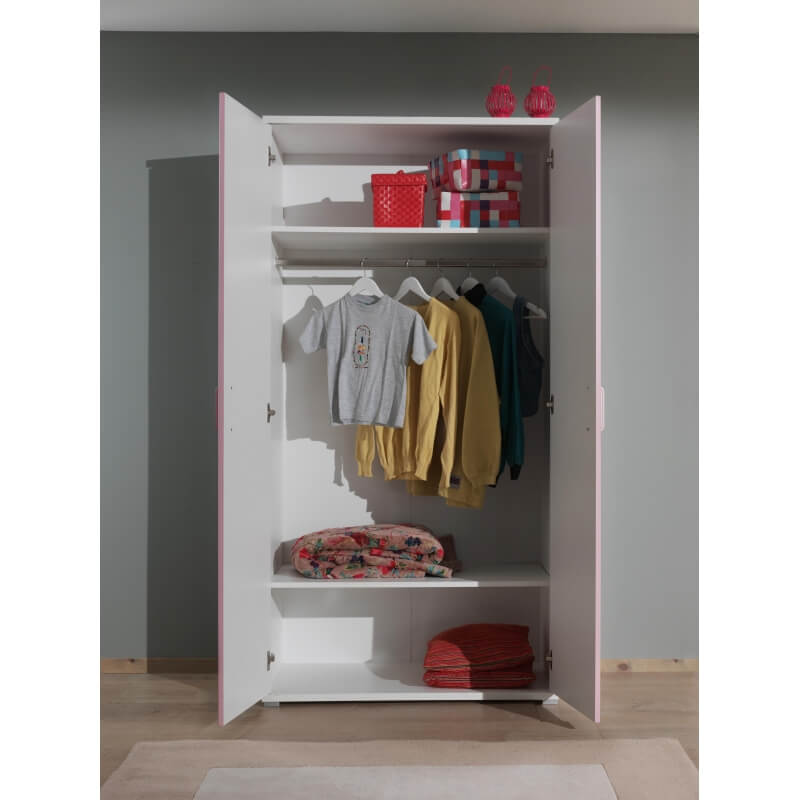 Armoire 2 portes contemporaine blanche et rose Eglantine