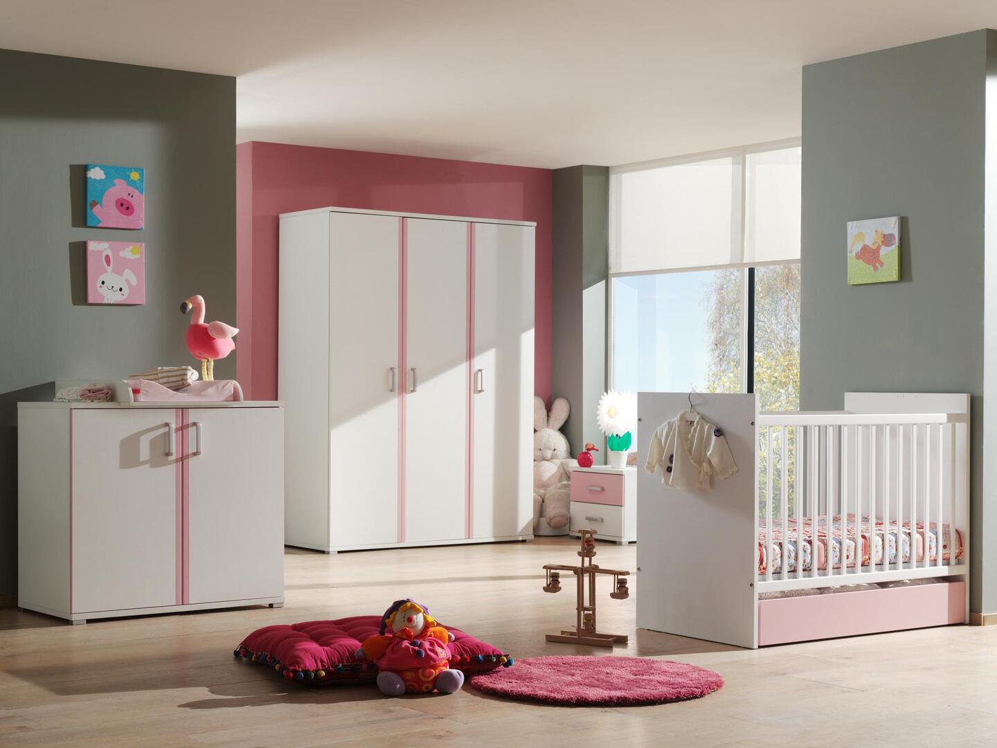 Chambre bébé complète contemporaine blanche et rose Eglantine