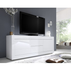 Meuble TV moderne 210 cm laqué blanc brillant Agathe