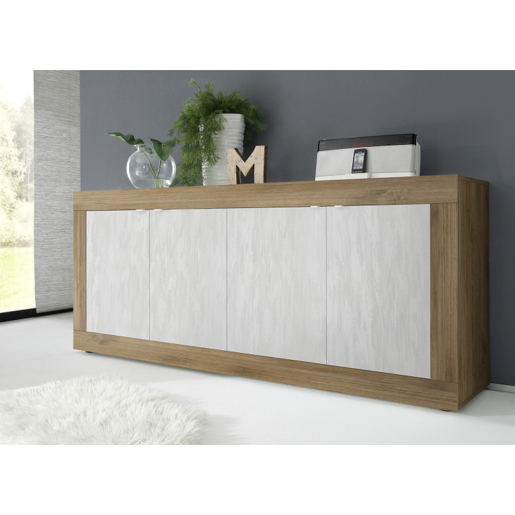 Buffet/bahut moderne 207 cm chêne mercure/blanc structuré Agathe