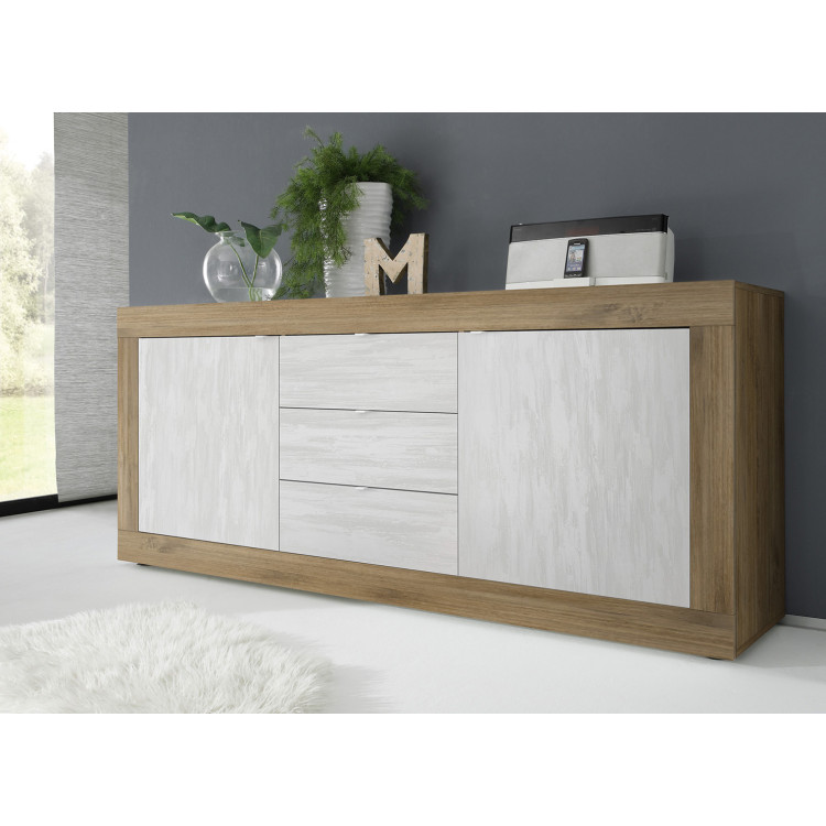 Buffet/bahut moderne 210 cm chêne mercure/blanc structuré Agathe