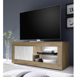 Meuble TV moderne 140 cm chêne mercure/blanc structuré Agathe