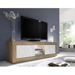 Meuble TV moderne 180 cm chêne mercure/blanc structuré Agathe
