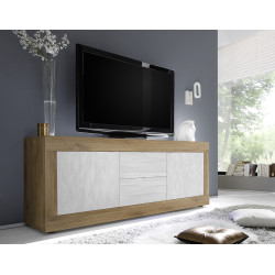 Meuble TV moderne 210 cm chêne mercure/blanc structuré Agathe