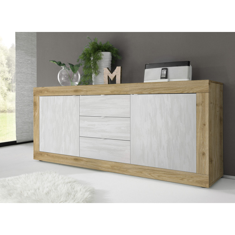 Buffet/bahut moderne 210 cm chêne cadiz/blanc structuré Agathe