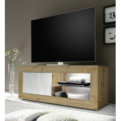 Meuble TV moderne 140 cm chêne cadiz/blanc structuré Agathe