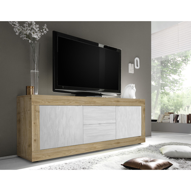 Meuble TV moderne 210 cm chêne cadiz/blanc structuré Agathe