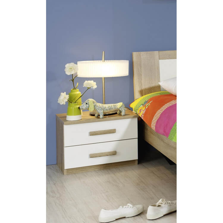 Chevet contemporain 2 tiroirs coloris chêne clair/blanc Ronco