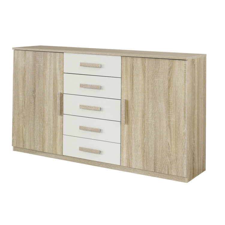 Commode contemporaine 2 portes/5 tiroirs chêne clair/blanc Clermont