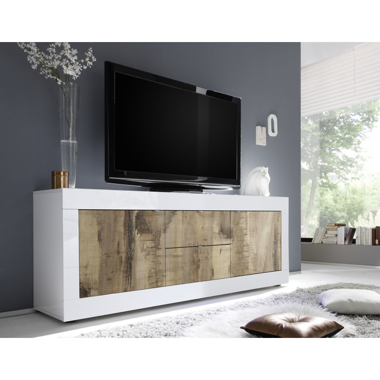 Meuble TV moderne 210 cm blanc/chêne pero Agathe