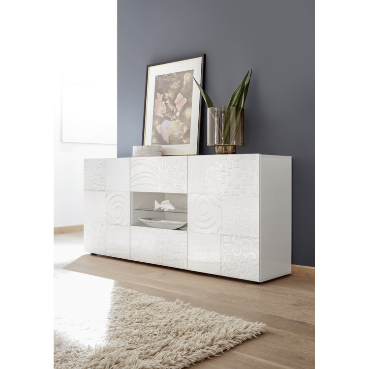 Buffet/bahut moderne 2 portes/2 tiroirs laqué blanc brillant Orlane